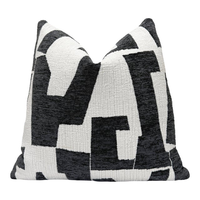 Graphite Hierographic 20x20 Chenille Pillow With Feather Down Insert For Sale