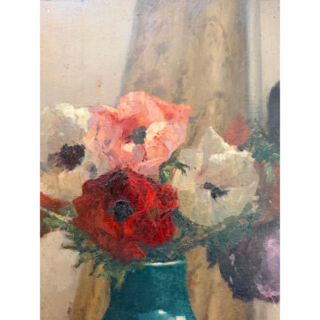 French Provincial Bouquet of Anemones, Oil Painting on Panel, Signed Charles Martin-Sauvaigo 1966 For Sale - Image 3 of 12