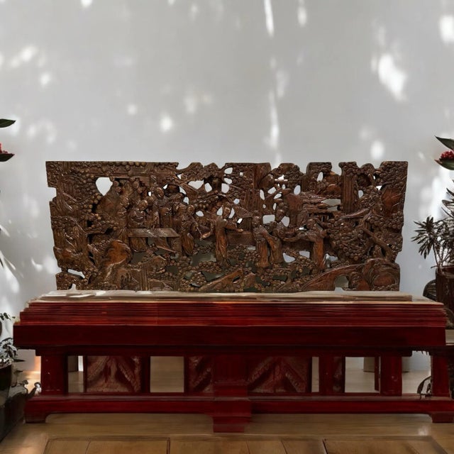 Antique Asian Hand-Carved Wall Art Wood Sculpture Fine Art Scenes For Sale - Image 12 of 12