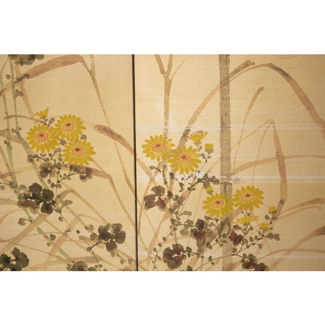 Champagne "Tit and Chrysanthemums", Showa Era Japanese Painted Silk Bybu Screen For Sale - Image 8 of 18