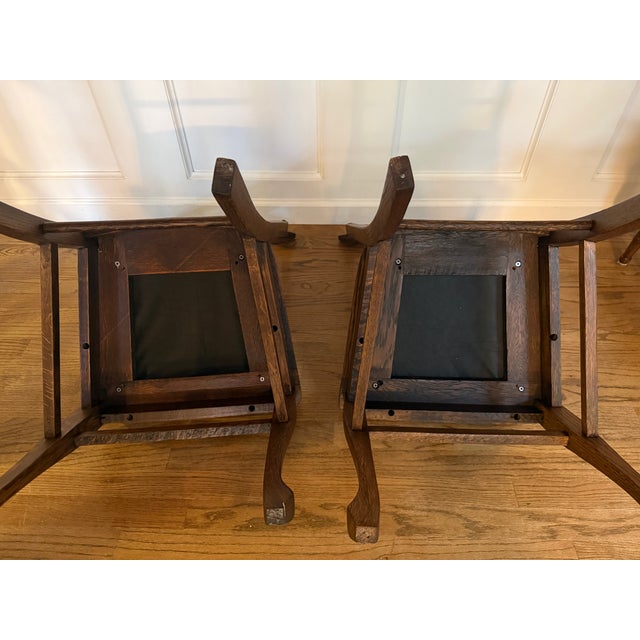 Brown Pair of Antique Oak Dining Chairs With New Neutral Upholstery For Sale - Image 8 of 8