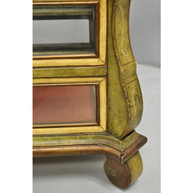 Decorator Italian Mediterranean Green Painted 3 Tier Glass Curio Side Table For Sale - Image 10 of 12