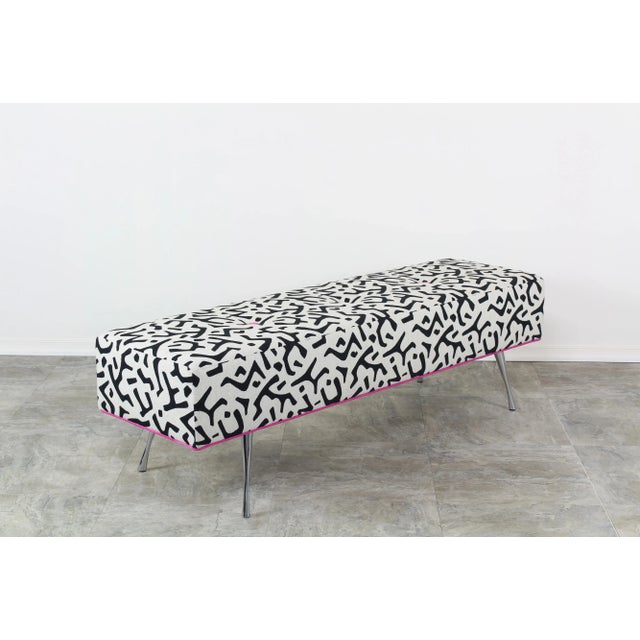 Metal Black and White Linen Bench With Italian Style Metal Legs For Sale - Image 7 of 7