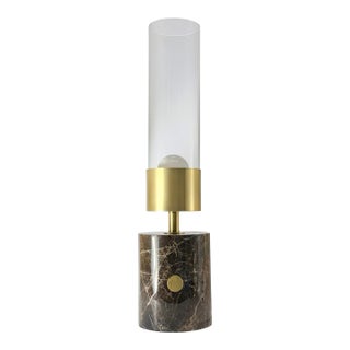 1970s Mid-Century Modern Emperador Marble Hurricane Table Lamp W/ Brass Rotary Dimmer For Sale