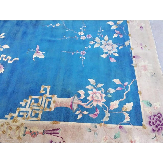 1920s Blue Floral Antique Chinese Art Deco Rug 9' X 11'8" Handknotted Wool Carpet by Nichols Atelier For Sale - Image 4 of 5