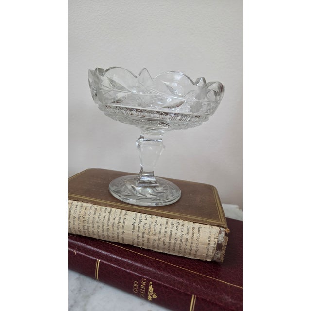 English Vintage Cut Glass Star and Leaf Pedestal Compote For Sale - Image 3 of 18