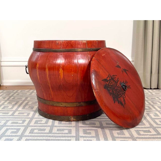 Antique Chinese Qing Dynasty Red Lacquer Wedding Box Barrel, Painted Lid For Sale - Image 12 of 12