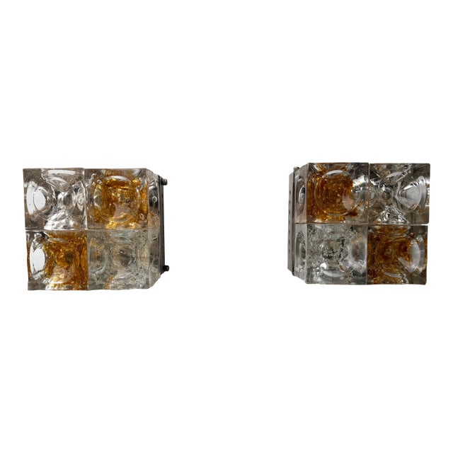 1970s Glass Cube Square Metal Sconces by Poliarte - a Pair For Sale