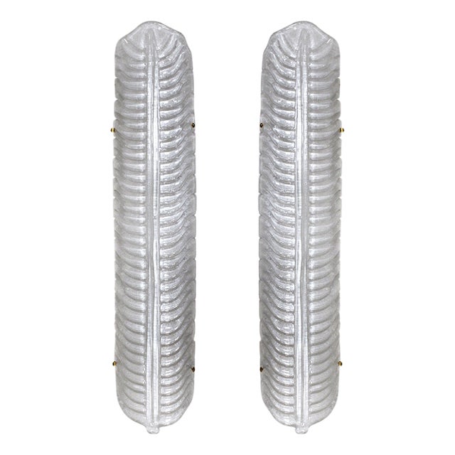 Italian Hand-Blown Murano Glass and Brass Feather Wall Sconces, 1990s, Set of 2 For Sale