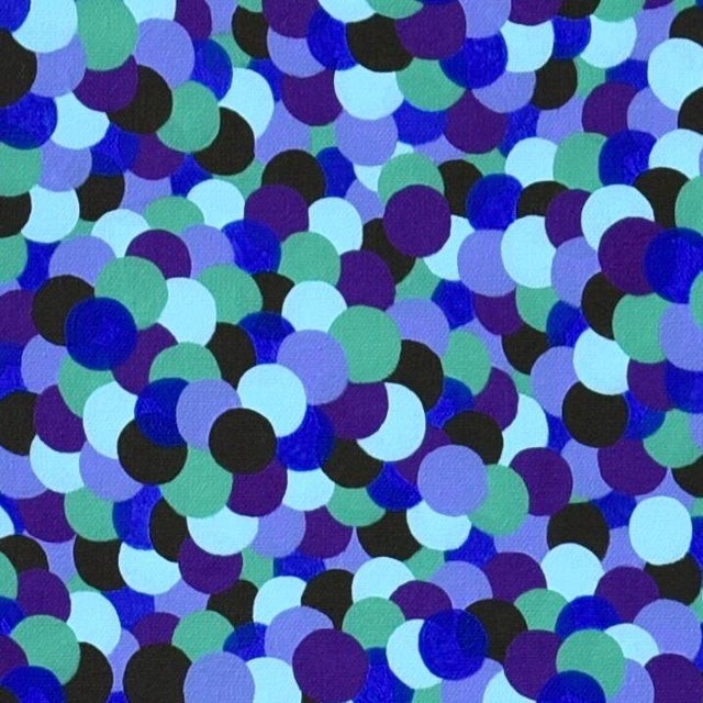 Round dabs of cobalt, ultramarine, sky blue, teal green and deep navy overlap across the canvas in a dense, shimmering...