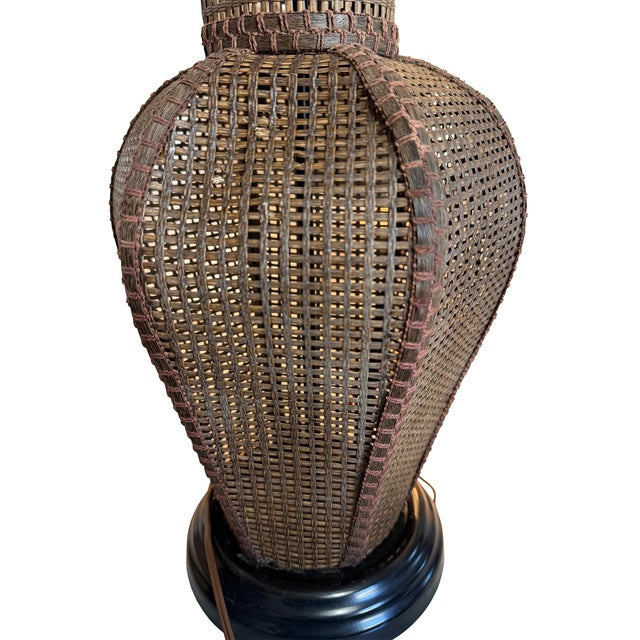 Wood Large Vintage Handwoven Rattan and Cane Urn Form Table Lamp For Sale - Image 7 of 11