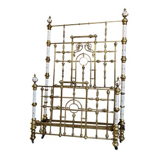 19th Century Antique Tall Victorian Brass Bed Full Frame Porcelain Hand Painted For Sale