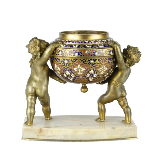 Late 19th Century Napoléon III Gilt Bronze Sculpture of Putti and Champlevé Bowl With Marble Base, France For Sale - Image 4 of 9