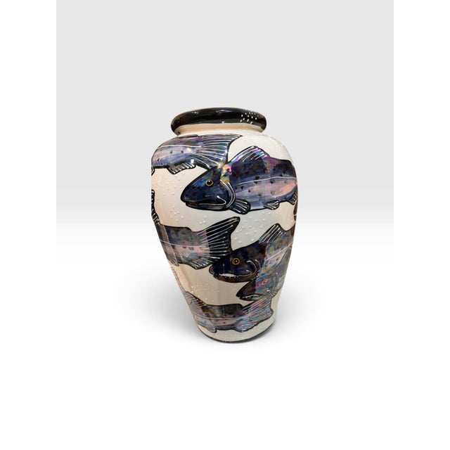 Salmon Beth Allison Gripenstraw “Salmon” Hand-Painted Ceramic Urn Vase, Santa Cruz, 1997 For Sale - Image 8 of 11