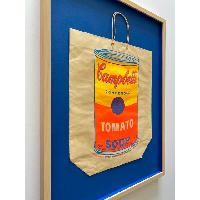Royal Blue Andy Warhol Vintage 1966 Mid Century Modern " Campbell's Tomato Soup Can " Silkscreen Print Framed Pop Art Exhibition Shopping Bag For Sale - Image 8 of 18