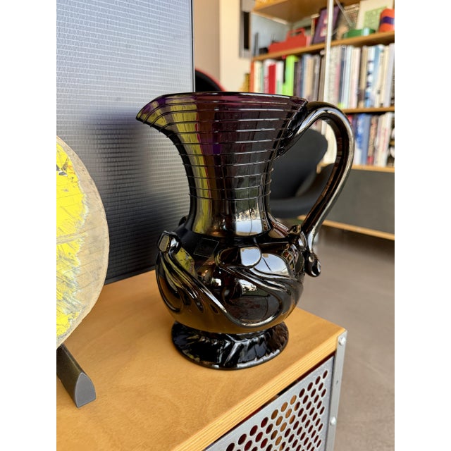2000 - 2009 Vintage Liberty Craftworks Black Amethyst Glass Lily Pad Pitcher Garrett Vilicich Signed For Sale - Image 5 of 14