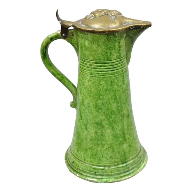 Antique Gothic Renaissance Green Ceramic Pitcher With Brass Soldier Armor Lid For Sale