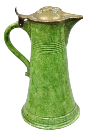 Antique Gothic Renaissance Green Ceramic Pitcher With Brass Soldier Armor Lid
