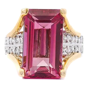 Gia Certified 15.07 Carat Emerald Cut Pink Tourmaline and Diamond Ring Size 7
