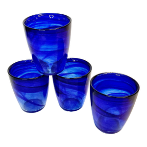 1980s Vintage Italian Art Deco Venetian Cobalt Swirled Murano Style Lowballs - Set of 4