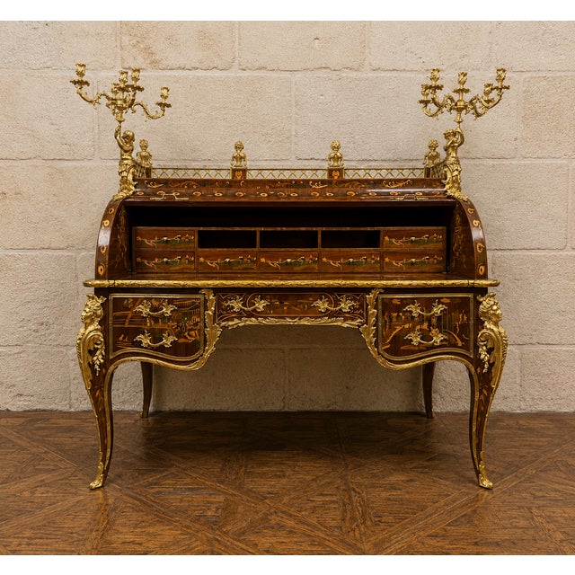 Wood Louis XV Style Cylinder Desk in Wood Marquetry For Sale - Image 7 of 8