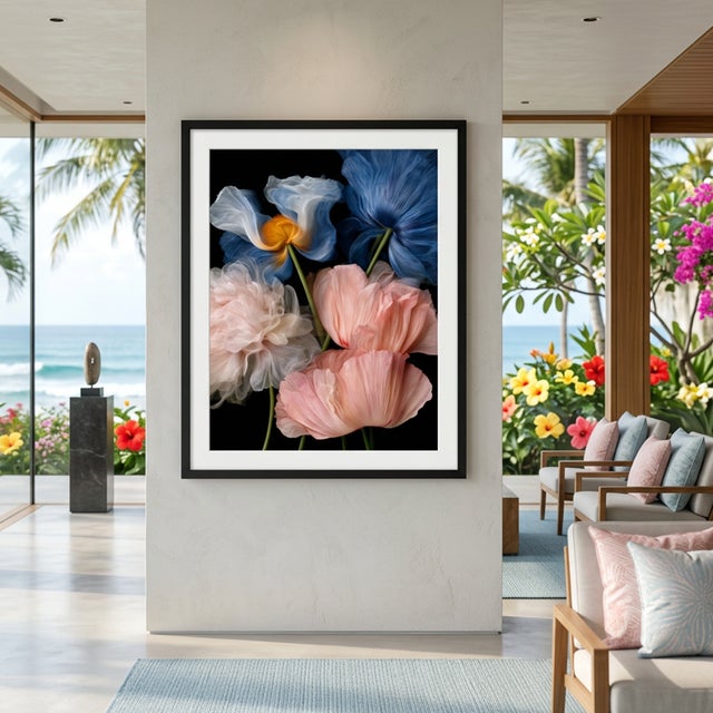 Delicate translucent petals unfold in luminous layers of ivory, blush, and deep azure blue, their flowing textures and...