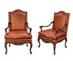 Hickory Chair Pearson Co. French Louis XIV Style Walnut & Leather Arm Chairs - Pair