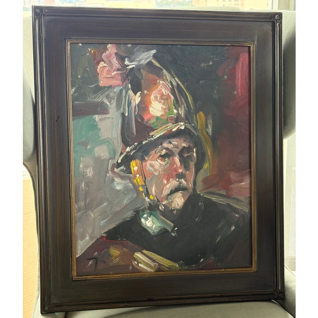 The Helmet: dark autumnal jewel tones in oil, with great movement and slight texture, on stretched canvas over wood, in...