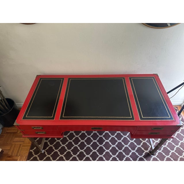 1980s Sligh Furniture Hollywood Regency Red Lacquer Campaign Desk For Sale - Image 5 of 12