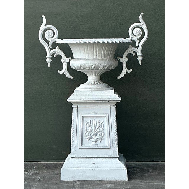 Vintage Regency Painted Wrought Iron Urn on Pedestal For Sale - Image 11 of 12