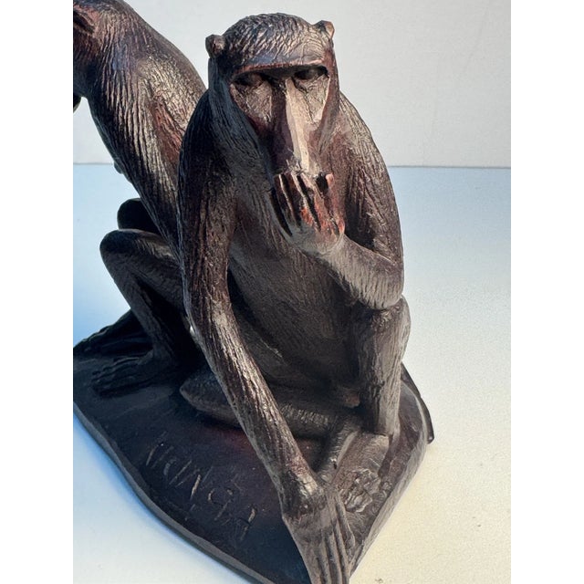 Vintage African Folk Art 2 Hand Carved Wooden Monkeys Figurine For Sale - Image 6 of 10