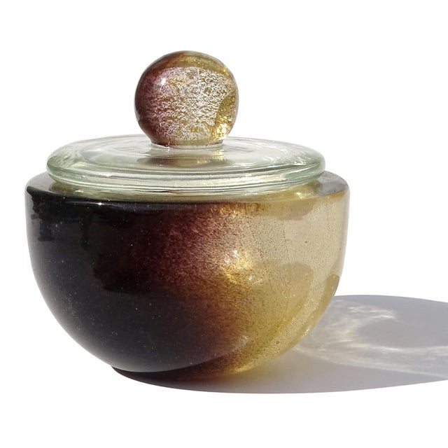 Vintage Murano Seguso Pulveri Vanity Jewelry Box Dark Amethyst Gold Flecks Italian Art Glass Jar For Sale In Orlando - Image 6 of 9