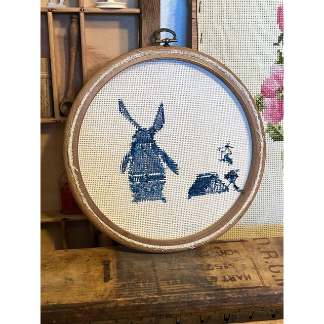 Completed Vintage and Handcrafted cross stitch of a windmill and house scene. Vintage condition as Pictured. Listing is...