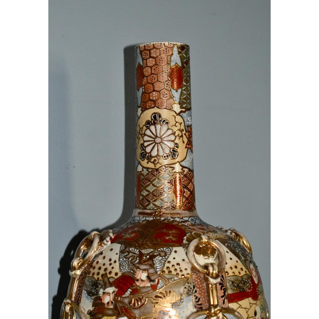 Ceramic Antique Japanese Satsuma Bottle Vase With Molded Ribbons For Sale - Image 7 of 11