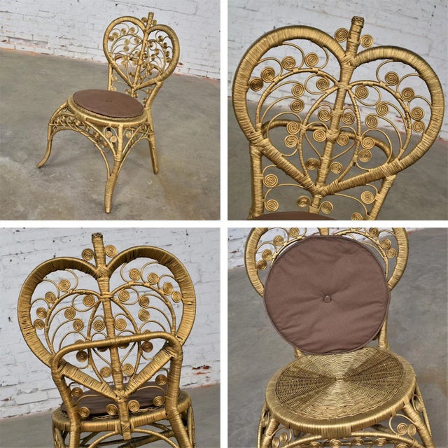 1960-1970’s Hollywood Regency Bohemian Gold Wicker Side or Accent Chair Heart Shape Back For Sale - Image 12 of 12