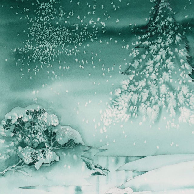 Late 20th Century Original Monochromatic Winter Scene Watercolor Painting on Paper by Artist Ellen Shannon of Snowy Pine & Frozen Stream For Sale - Image 14 of 16