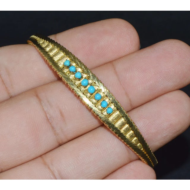 Estate Natural Turquoise Solid 18K Gold Snake Chain Bangle Bracelet For Sale - Image 11 of 12