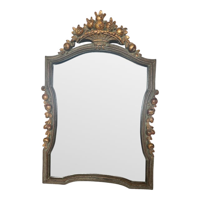 Carved Wood Celadon Green & Gilded Mirror With Fruit For Sale