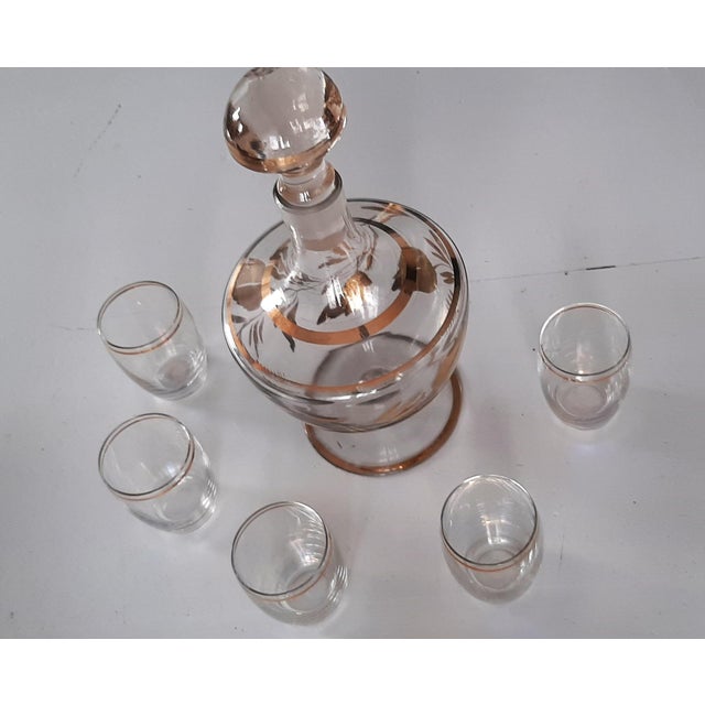 Gilded Carafe and Glasses, 1950s, Set of 6 For Sale - Image 4 of 6