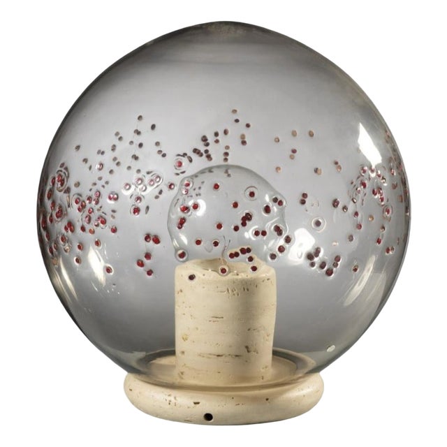 Clear Glass Table Lamp with Red Glass and Travertine Marble Base from La Murrina, 1970s For Sale
