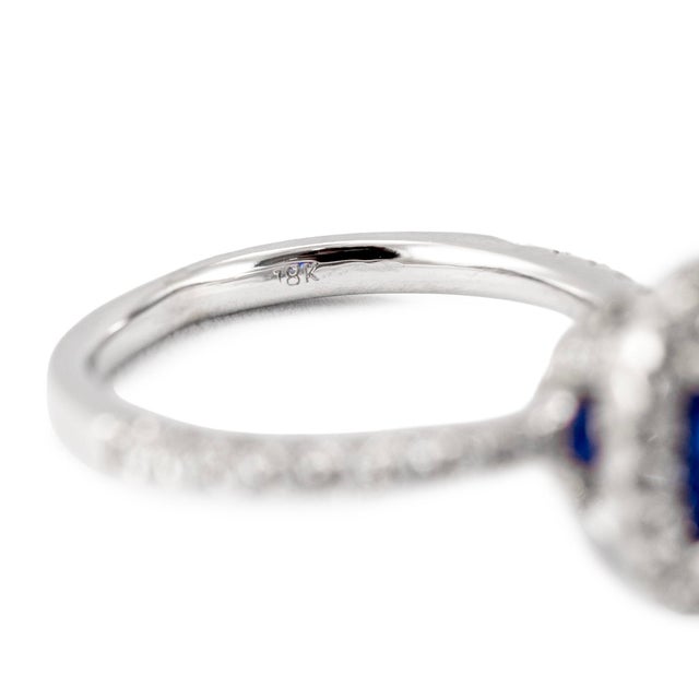 Metal Ladies 18k White Gold 2.16ctw Gia Sri Lanka Sapphire Halo Diamond Cocktail Ring, Size 5.25 For Sale - Image 7 of 9