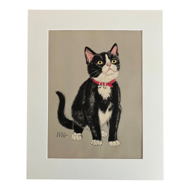 Vintage Midcentury Gladys Emerson Cook Tuxedo Kitten Portrait w/16x20 Mat, EUC For Sale