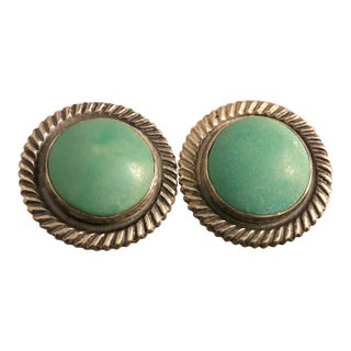 1940s Turquoise and Sterling Cabochon Earrings For Sale
