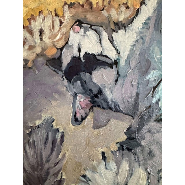 Good Morning Sunshine by Deb Komitor | Oil On Birch Panel Cat Sleeping in a Round Bed For Sale - Image 4 of 4