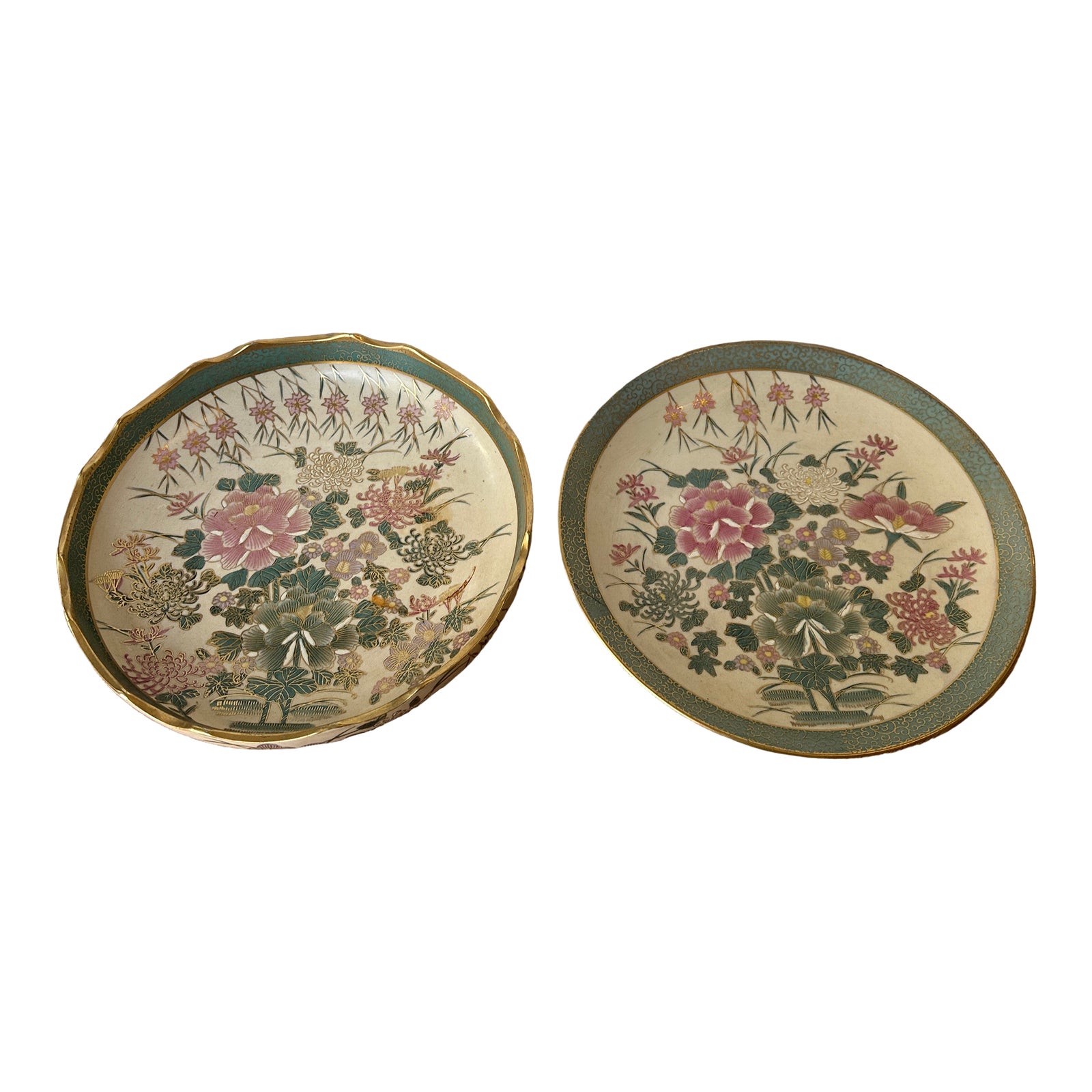 1970s-asian-ceramic-pink-and-teal-plates-with-gold-rims-and-floral