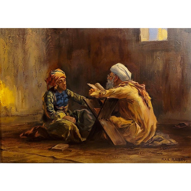 Textile Max Rabes -Old Patriarch Reading the Koran to a Young Man-Orientalist Oil Painting For Sale - Image 7 of 9