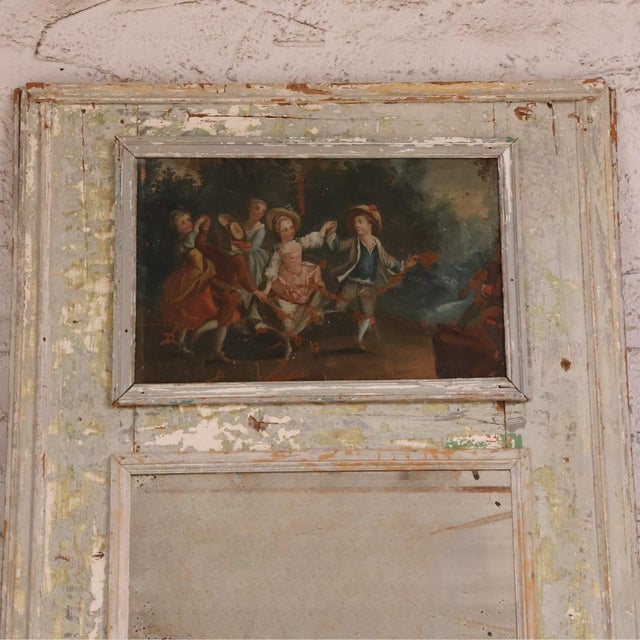 18th Century Green Patinated Wood and Canvas Inset Trumeau Mirror For Sale - Image 4 of 4