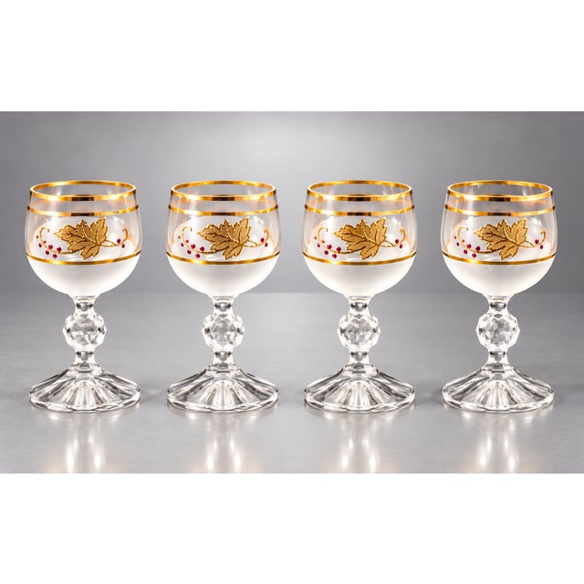 Traditional Vintage Bohemian-Style Frosted Glass Decanter & 4 Cordial Glasses — Gilt Grape Leaves & Purple Berries 5 pcs For Sale - Image 3 of 6