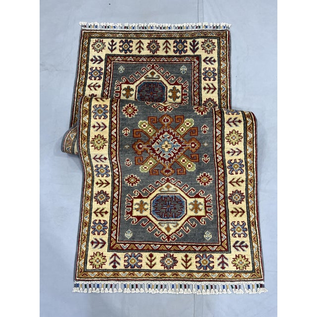 Textile Charcoal Gray and Cream Kazak Wool Runner Rug With Tribal Motifs, 2'8" X 6'8" For Sale - Image 7 of 18