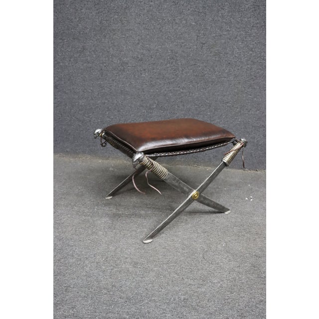 Maitland-Smith Leather X-Base Stool With Cast Eagle Heads For Sale - Image 10 of 14